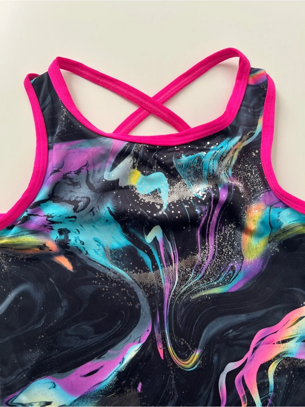 Justice Dance Gym Leotard Girls M 10 Black Neon Marble Gymnastics Dance